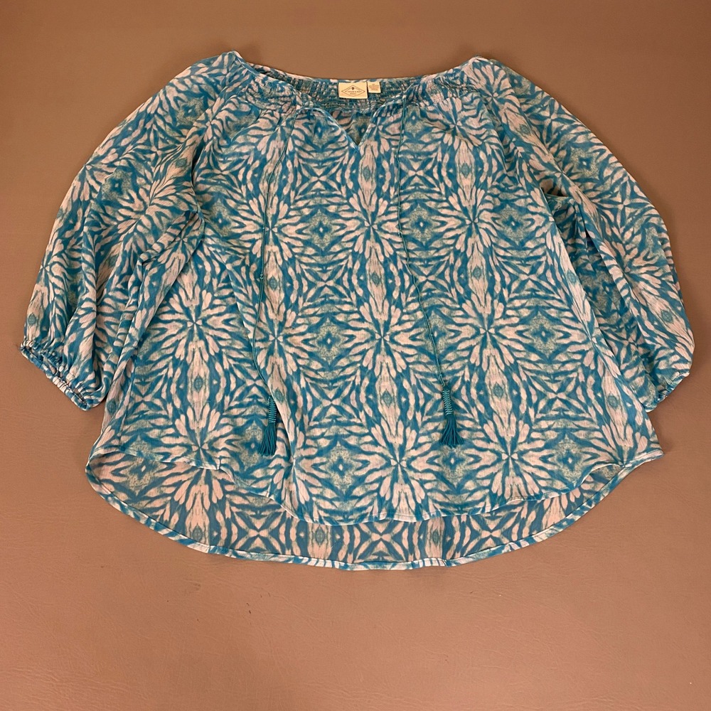 St. Johns Bay Blouse Women's 1X Blue White Geometric Smocked Peasant Tassels **